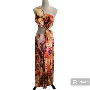 NWOT VENUS One-Shoulder Tropical Maxi Dress Side Cut Out Orange yellow XL